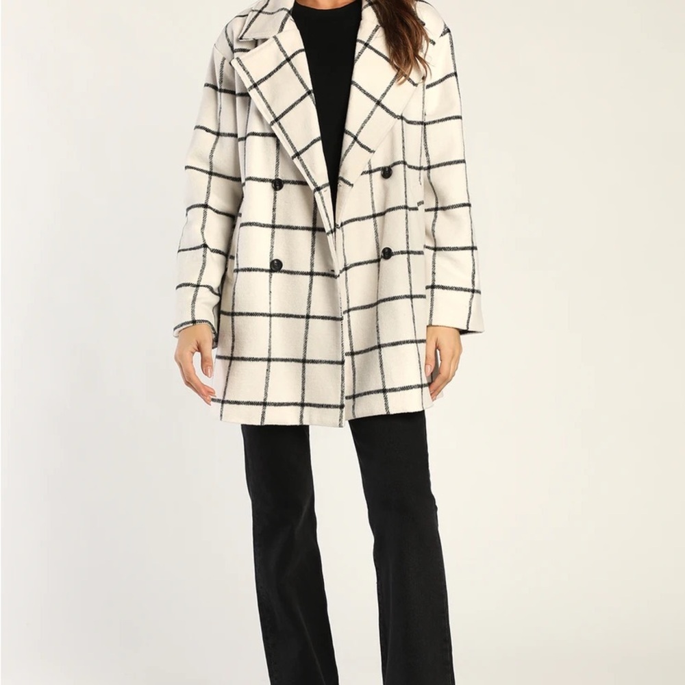 Lulus Snowy Streets Ivory Grid Print Double Breasted Coat